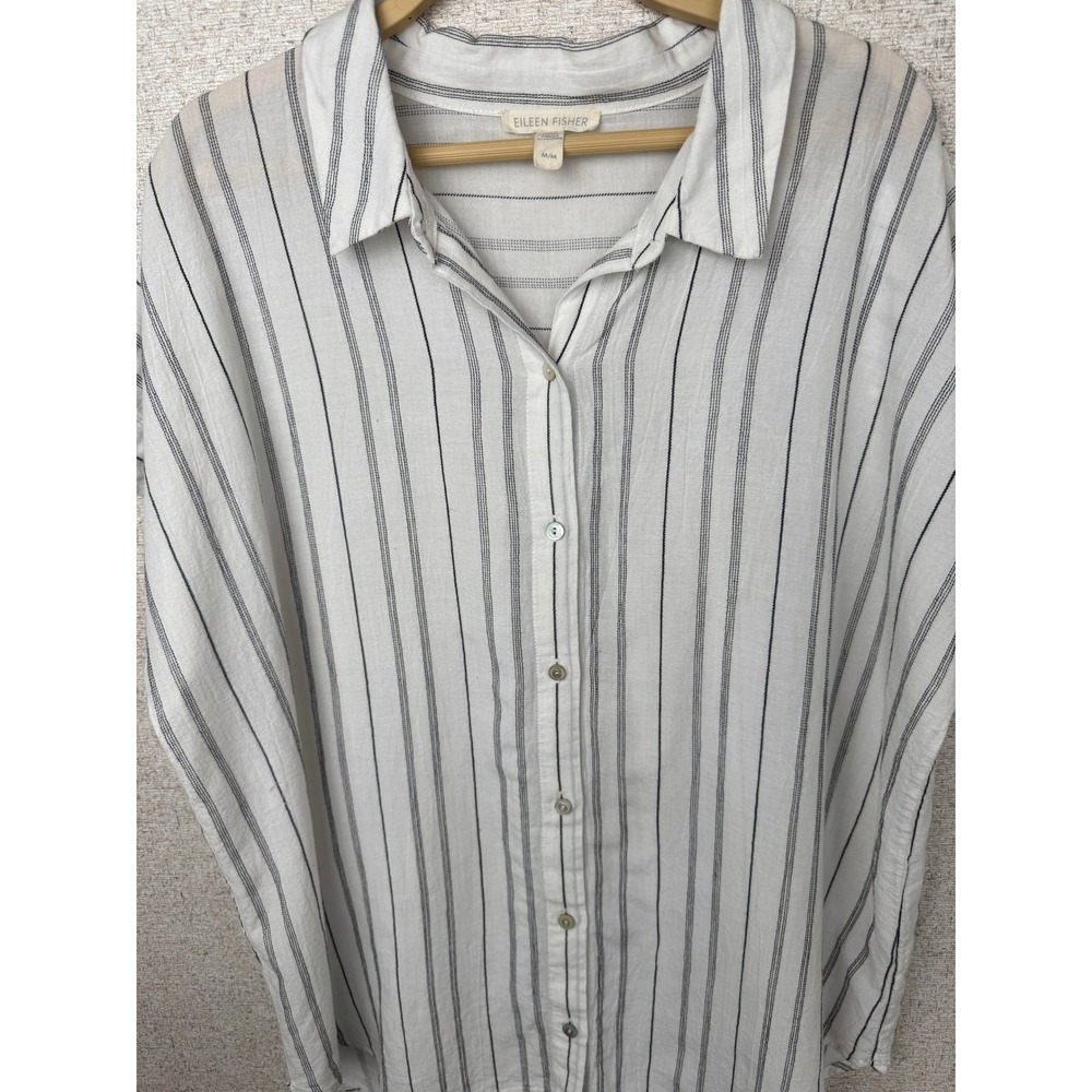 Eileen Fisher White Black Stripe Oversized Boxy Button Down Shirt Tencel M - Picture 3 of 7